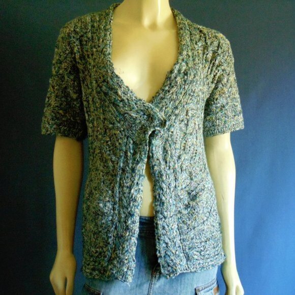 Moth Anthropologie Green Multi Short Sleeve Cable Cotton Blend Cardigan M - Picture 1 of 6